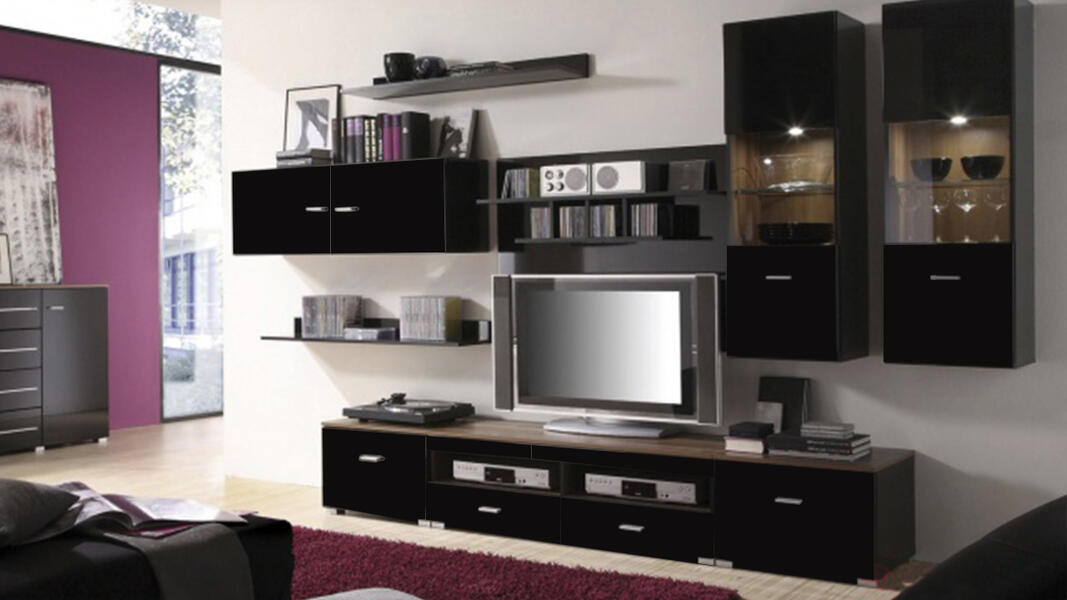 Гостиная Джанг Черный 0190 / Дуб Экспресив Бронзовый K090 310*48*200 см, Черный   Фиеста