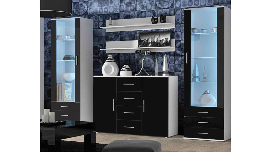 Гостиная Сохо 5 Черный 0190 / Белый Фасадный 0101 252*41*192 см, Черный   Фиеста