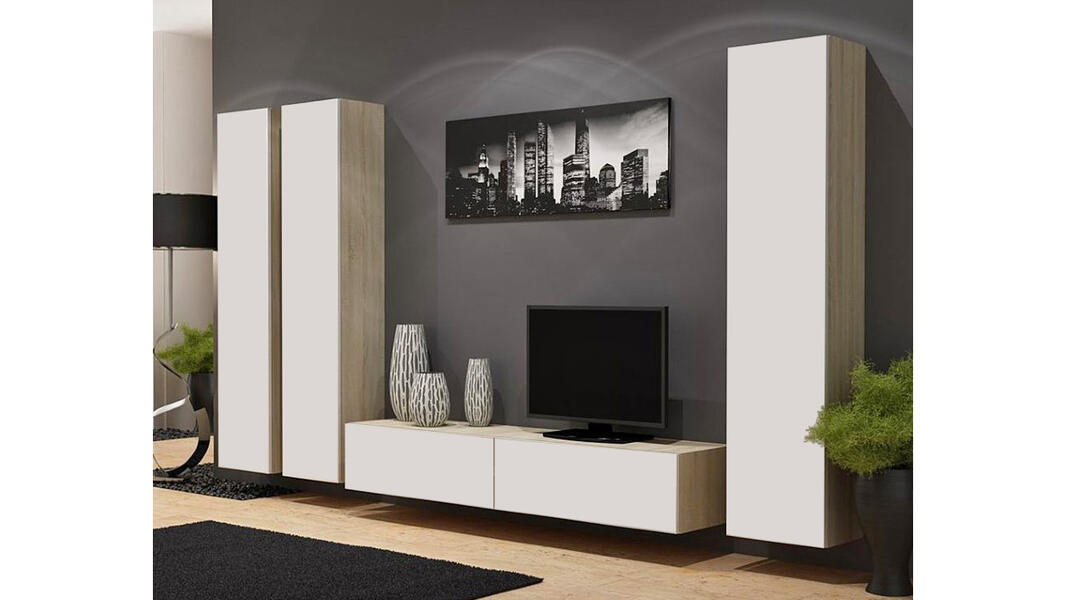 Гостиная Виго 1 Белый Фасадный 0101 / Дуб Сонома 3025 300*42*180 см, Белый   Фиеста