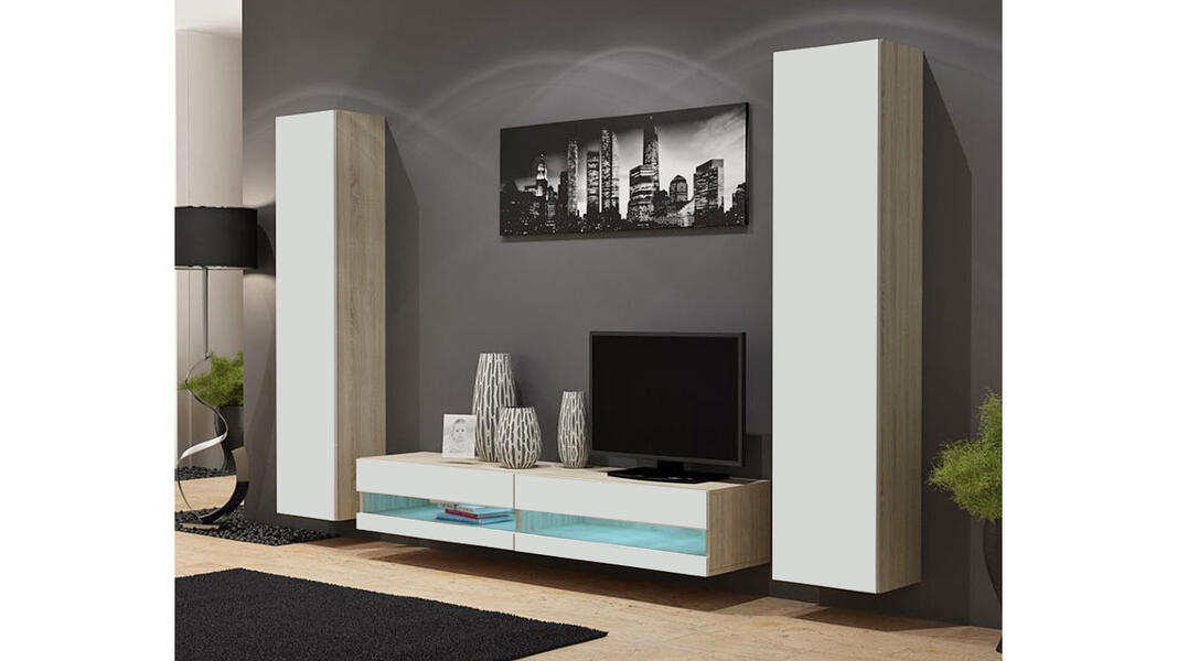 Гостиная Виго нью 4 Белый Фасадный 0101 / Дуб Сонома 3025 260*42*180 см, Белый   Фиеста