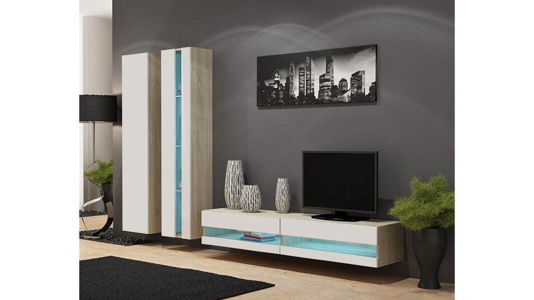 Гостиная Виго нью 5 Белый Фасадный 0101 / Дуб Сонома 3025 260*42*180 см, Белый   Фиеста