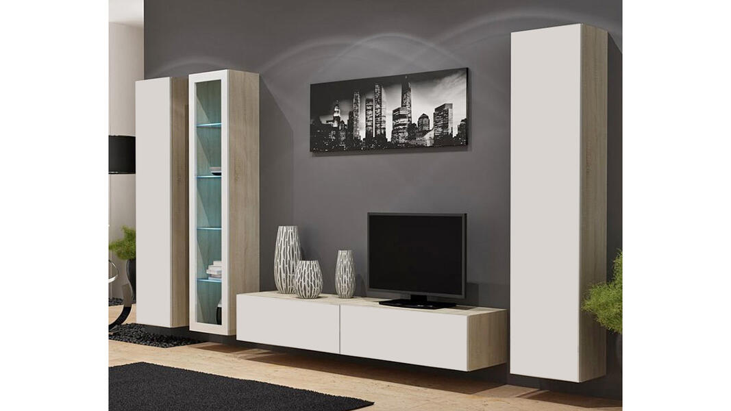 Гостиная Виго 2 Белый Фасадный 0101 / Дуб Сонома 3025 300*42*180 см, Белый   Фиеста