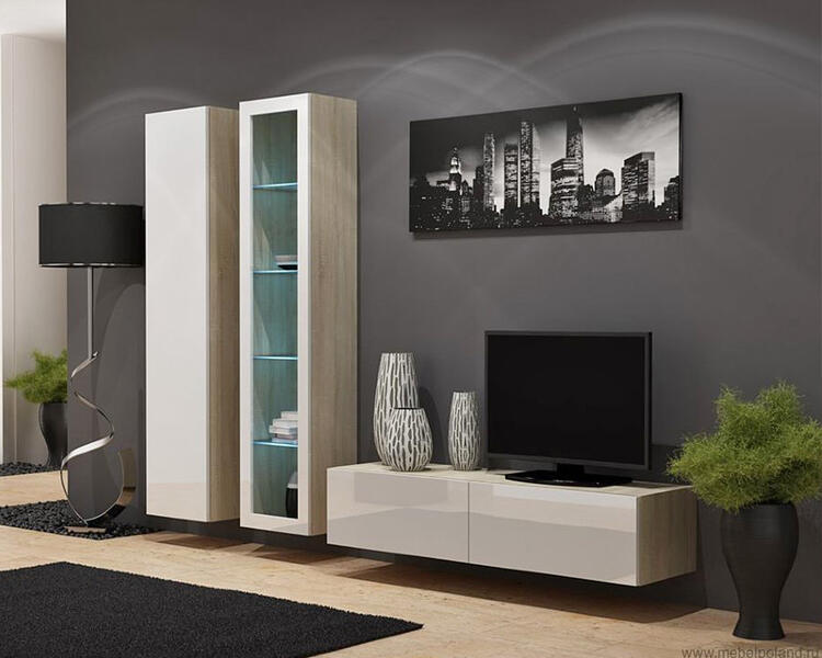 Гостиная Виго 10 МДФ Белый DM635-6 / Дуб Сонома 3025 220*42*180 см, Белый   Фиеста