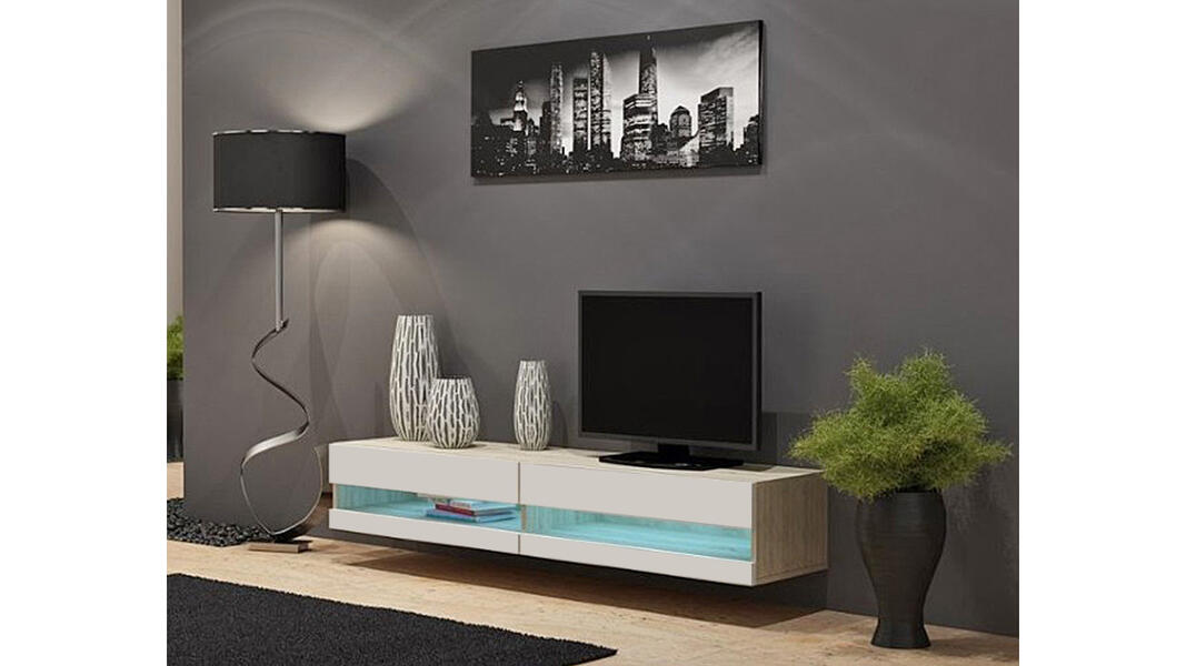 ТВ-тумба Виго открытая Белый Фасадный 0101 / Дуб Сонома 3025 180*42*30 см, Белый   Фиеста