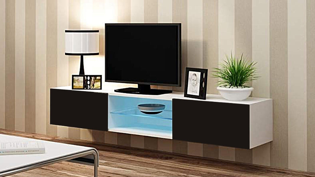 ТВ-тумба Виго со стеклянной полкой Черный 0190 / Белый Фасадный 0101 180*42*30 см, Черный   Фиеста