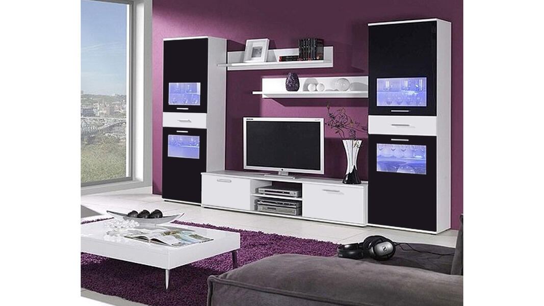 Гостиная Зара 5 Черный 0190 / Белый Фасадный 0101 300*42*180 см, Черный   Фиеста