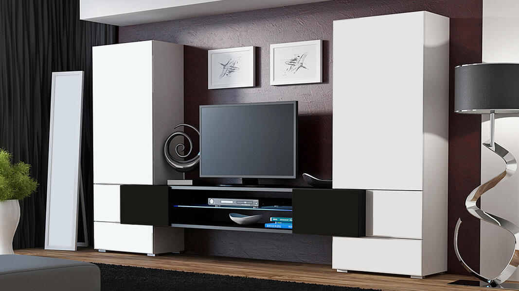 Гостиная 8 Белый Фасадный 0101 / Черный 0190 278*46*162 см, Белый   Фиеста