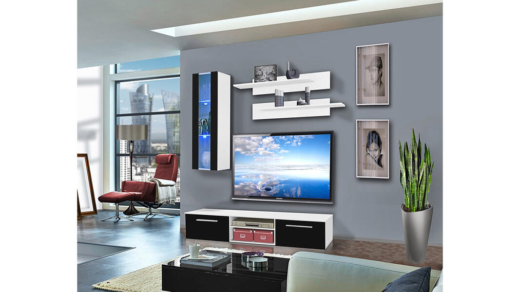 Гостиная 15 Черный 0190 / Белый Фасадный 0101 180*45*170 см, Черный   Фиеста