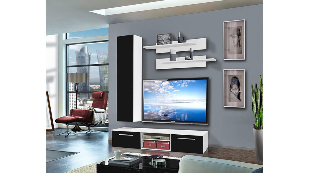 Гостиная 17 Черный 0190 / Белый Фасадный 0101 180*45*210 см, Черный   Фиеста