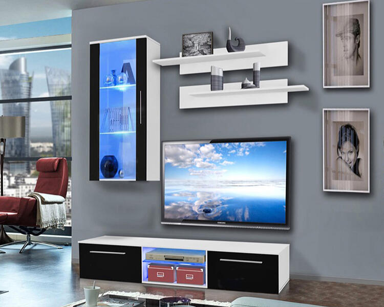 Гостиная 24 Черный 0190 PE / Белый Фасадный 0101 PE 180*45*150 см,    Фиеста