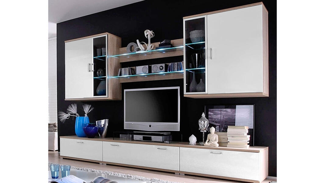 Гостиная Адамина Белый Фасадный 101 PE / Дуб Сонома Светлый 3025 PR 300*45*210 см,    Фиеста