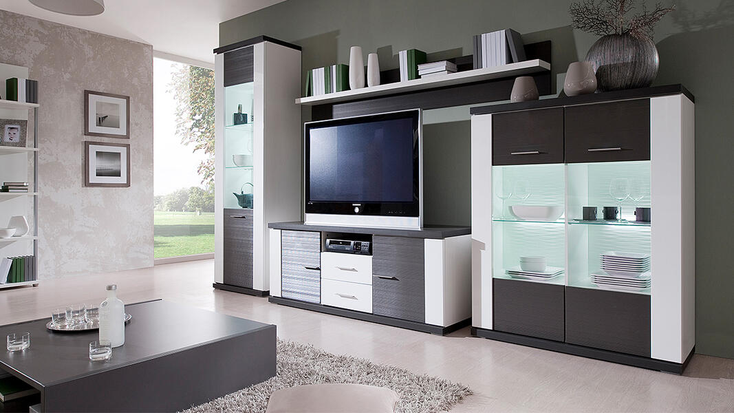 Гостиная Идан МДФ Венге 1998В / Белый Фасадный 0101 326*50*207 см, Черный   Фиеста