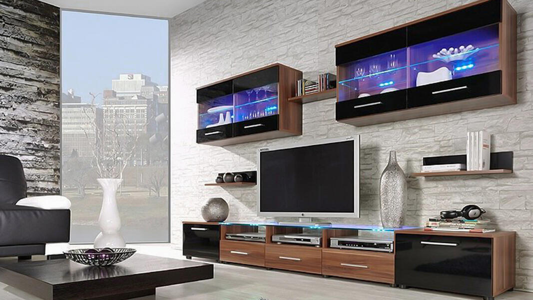 Гостиная Тома 3 МДФ (черная) / Орех 0729 250*42*190 см, Черный   Фиеста