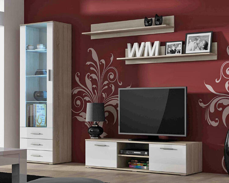 Гостиная Сохо 13 МДФ Белый DM635-6 / Дуб Сонома 3025 200*41*192 см, Белый   Фиеста