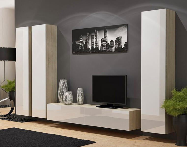 Гостиная Виго 1 МДФ Белый DM635-6 / Дуб Сонома 3025 300*42*180 см, Белый   Фиеста