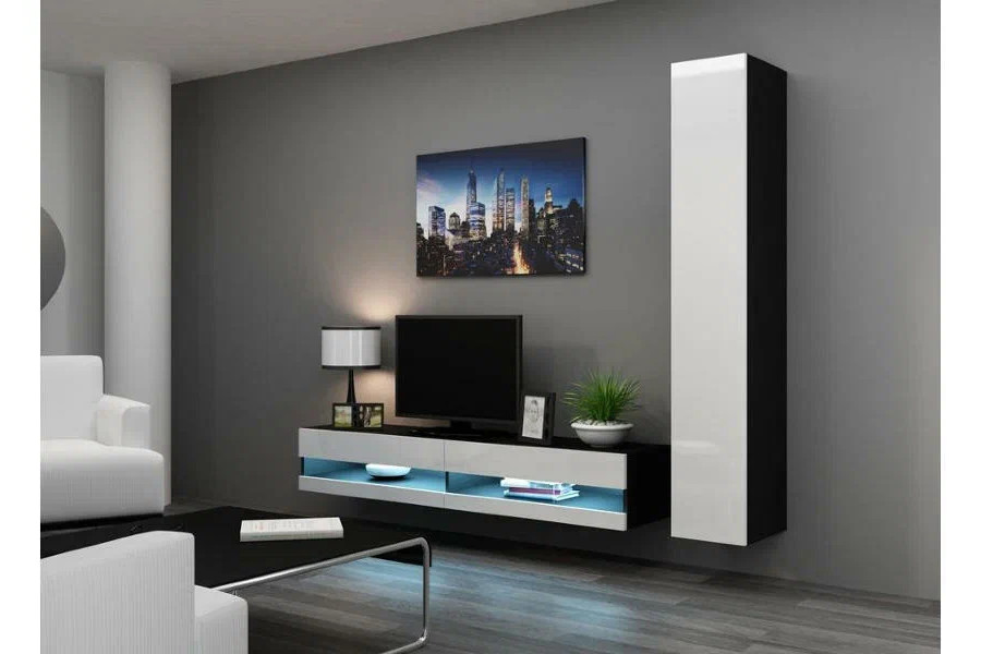 Гостиная Виго нью 9 МДФ Белый DM635-6 / Черный 0190 220*42*180 см, Белый   Фиеста