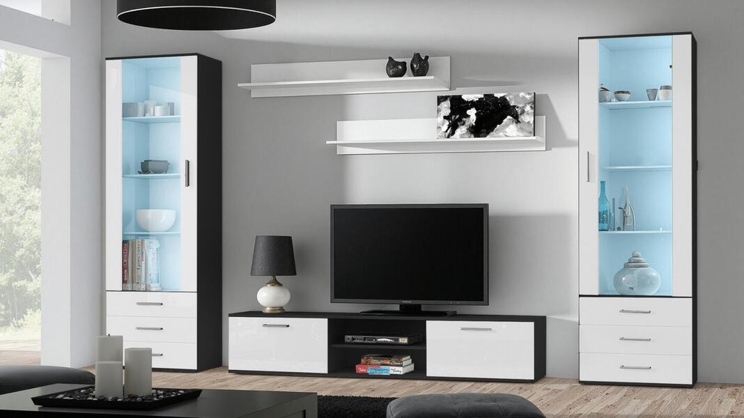 Гостиная Сохо 7 Белый Фасадный 0101 / Черный 0190 300*41*192 см, Белый   Фиеста