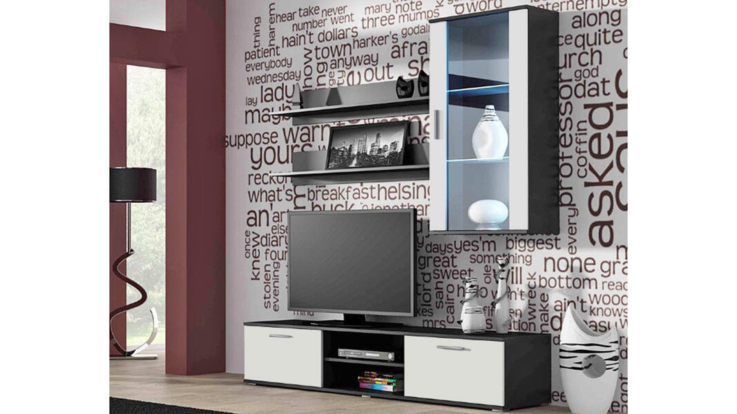 Гостиная Сохо 9 Белый Фасадный 0101 / Черный 0190 180*41*192 см, Белый   Фиеста