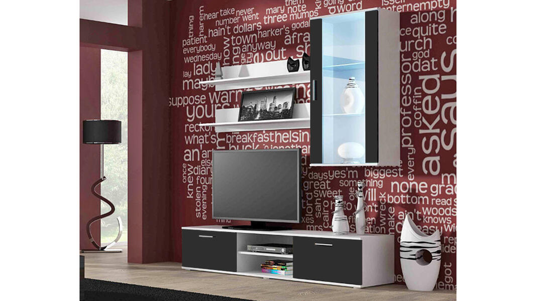 Гостиная Сохо 9 Черный 0190 / Белый Фасадный 0101 180*41*192 см, Черный   Фиеста