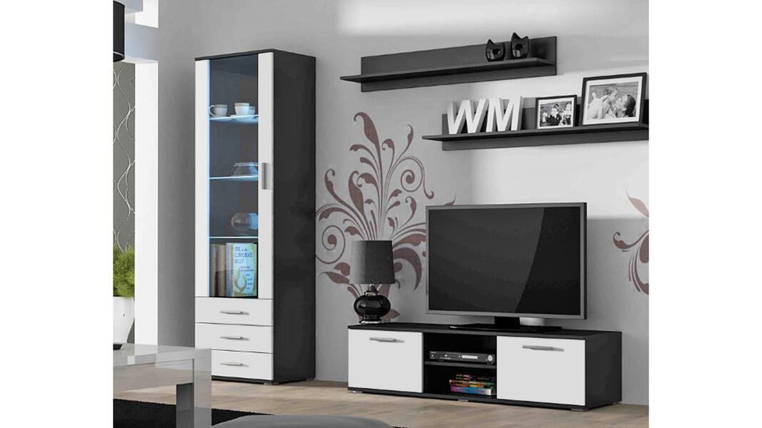 Гостиная Сохо 13 Белый Фасадный 0101 / Черный 0190 200*41*192 см, Белый   Фиеста