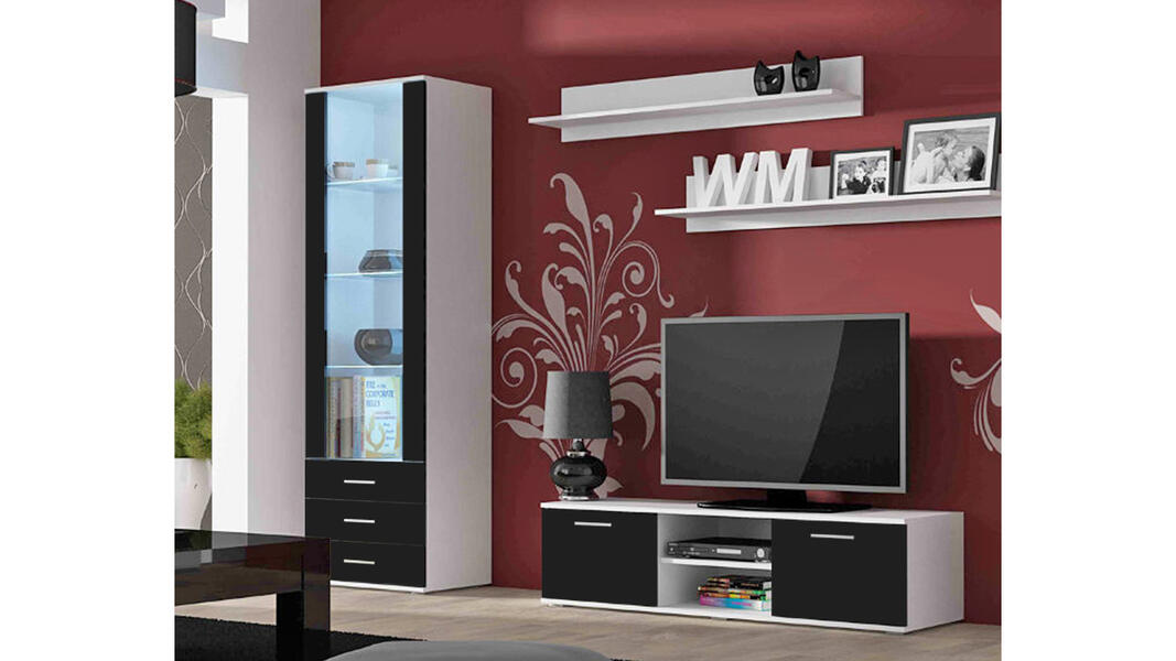 Гостиная Сохо 13 Черный 0190 / Белый Фасадный 0101 200*41*192 см, Черный   Фиеста