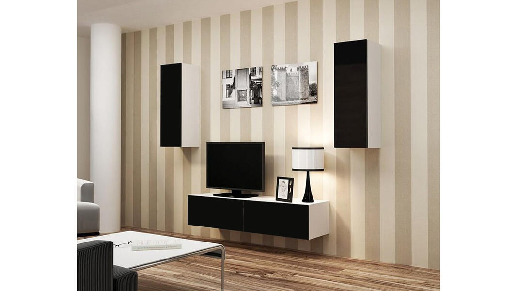 Гостиная Виго 7 Черный 0190 / Белый Фасадный 0101 210*42*180 см, Черный   Фиеста