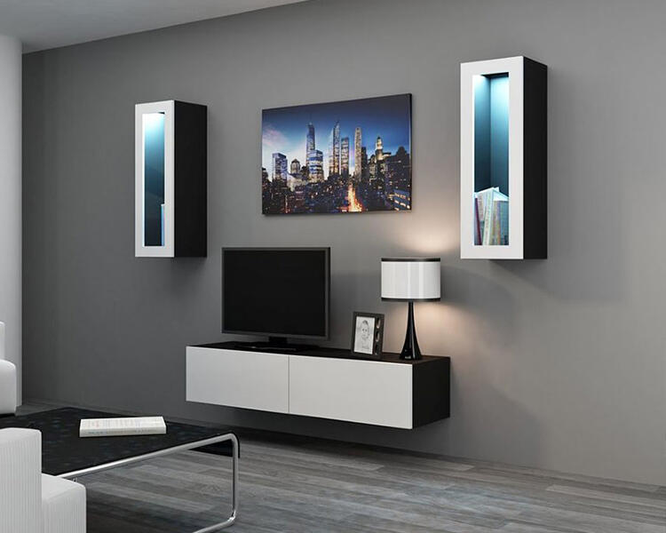 Гостиная Виго 8 Белый Фасадный 0101 / Черный 0190 210*42*180 см, Белый   Фиеста