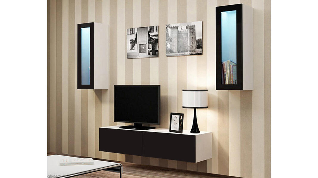 Гостиная Виго 8 Черный 0190 / Белый Фасадный 0101 210*42*180 см, Черный   Фиеста