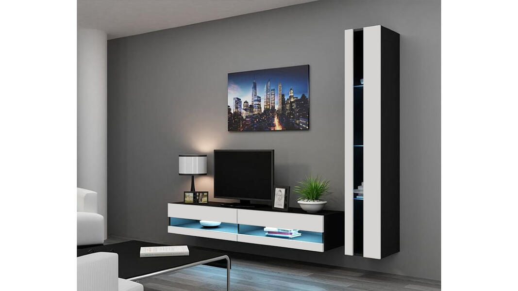 Гостиная Виго нью 8 Белый Фасадный 0101 / Черный 0190 220*42*180 см, Белый   Фиеста