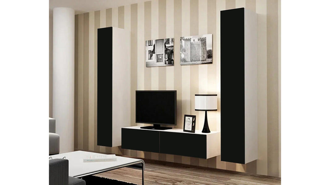 Гостиная Виго 9 Черный 0190 / Белый Фасадный 0101 220*42*180 см, Черный   Фиеста