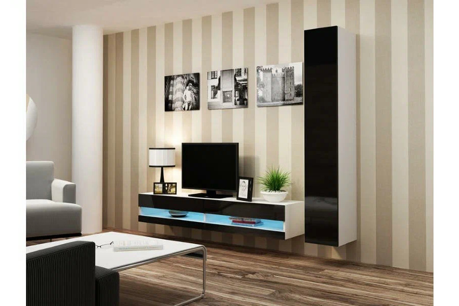 Гостиная Виго нью 9 Черный 0190 / Белый Фасадный 0101 220*42*180 см, Черный   Фиеста