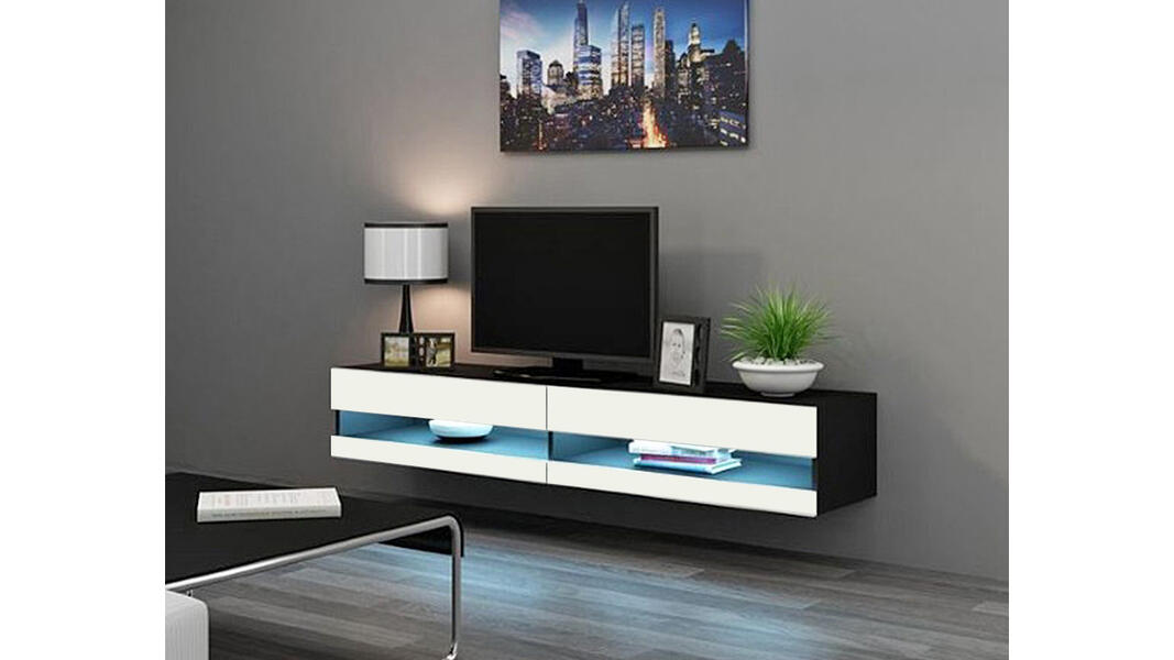 ТВ-тумба Виго открытая Белый Фасадный 0101 / Черный 0190 180*42*30 см, Белый   Фиеста