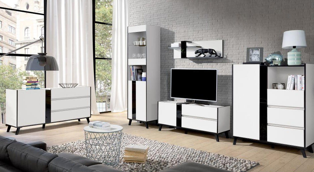 Модульная гостиная Августа 2 Белый 101/ Черный 190 450*40*192 см, Белый   Фиеста