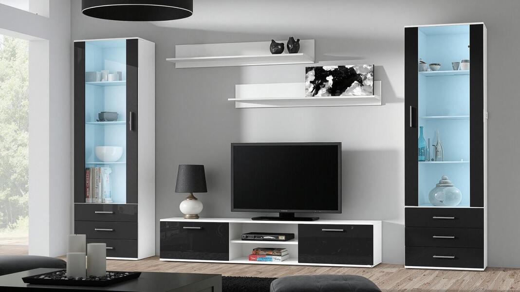 Гостиная Сохо 7 МДФ (черная) / Белый Фасадный 0101 300*41*192 см, Черный   Фиеста