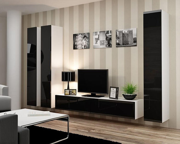 Гостиная Виго 1 МДФ (черная) / Белый Фасадный 0101 300*42*180 см, Черный   Фиеста