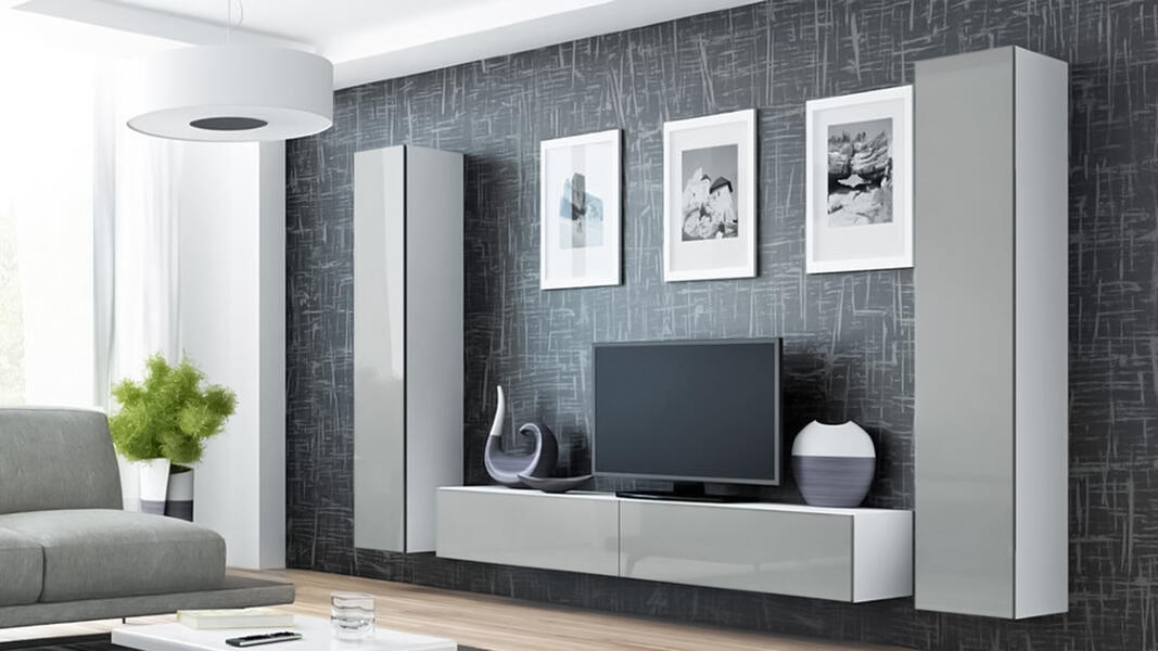 Гостиная Виго 4 МДФ Светло-серый DM811-6Т / Белый Фасадный 0101 260*42*180 см, Серый   Фиеста