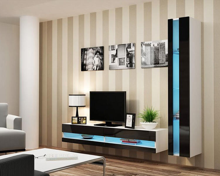 Гостиная Виго нью 8 МДФ (черная) / Белый Фасадный 0101 220*42*180 см, Черный   Фиеста