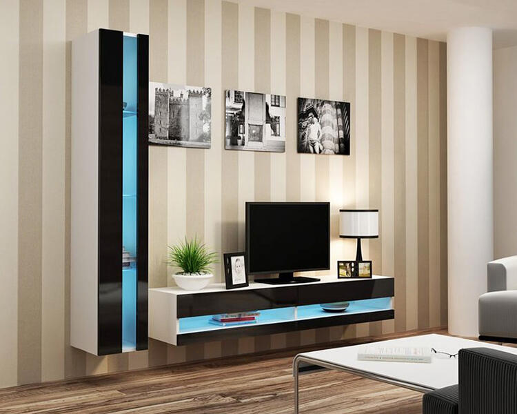 Гостиная Виго нью 9 МДФ (черная) / Белый Фасадный 0101 220*42*180 см, Черный   Фиеста