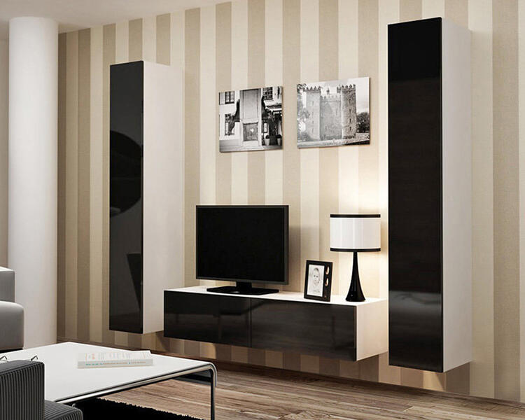 Гостиная Виго 9 МДФ (черная) / Белый Фасадный 0101 220*42*180 см, Черный   Фиеста
