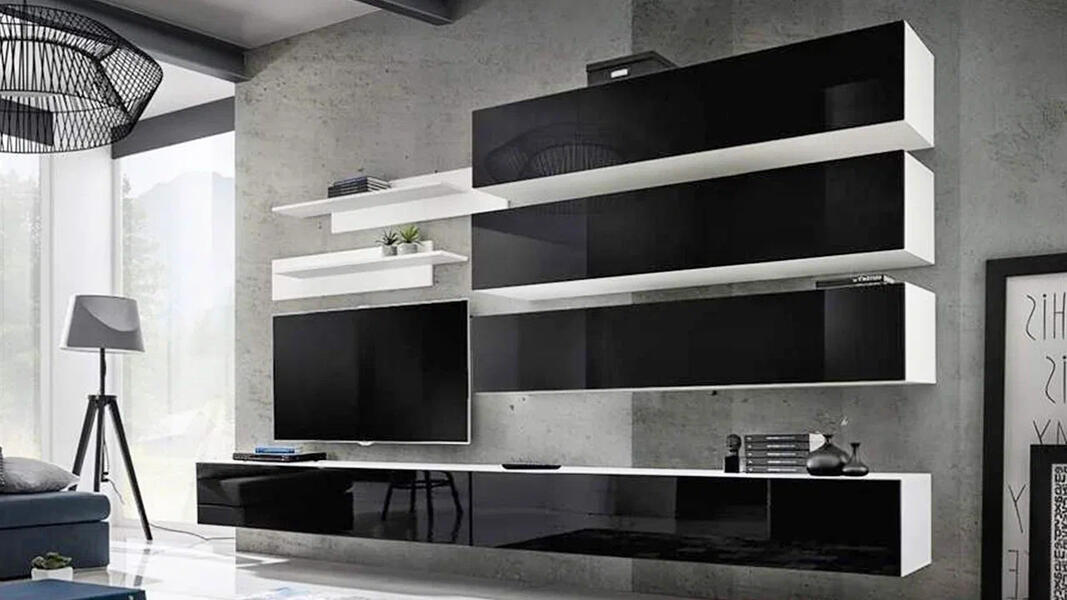 Гостиная 4 МДФ (черная) / Белый Фасадный 0101 320*40*180 см, Черный   Фиеста