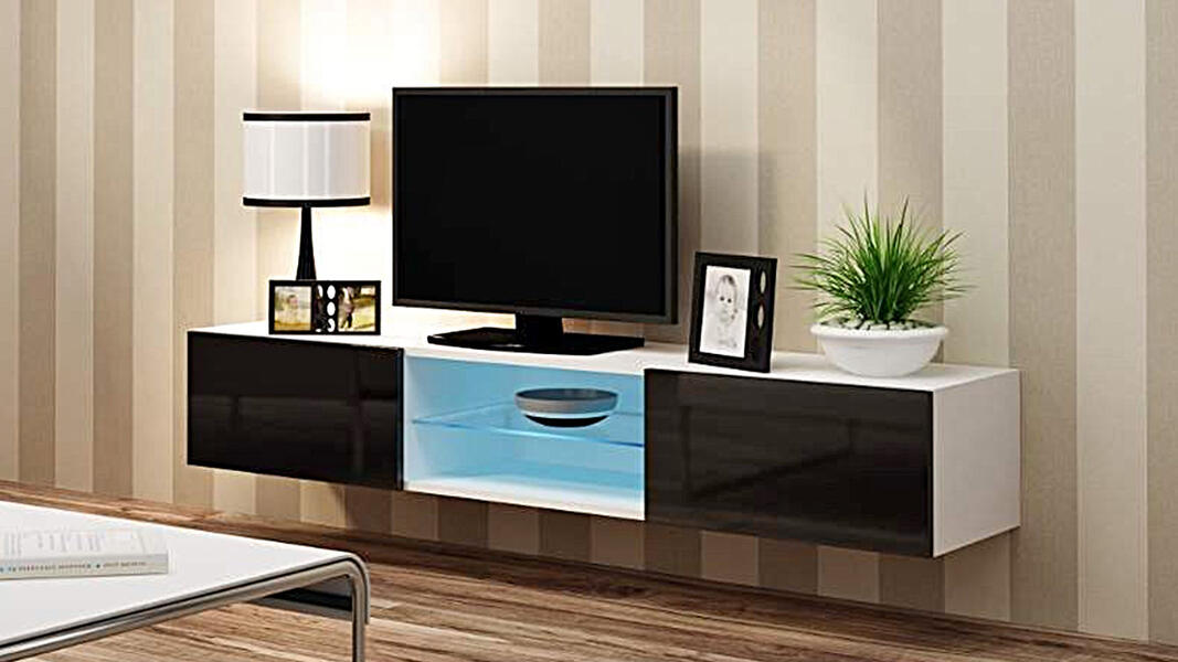 ТВ-тумба Виго со стеклянной полкой МДФ (черная) / Белый Фасадный 0101 180*42*30 см, Черный   Фиеста