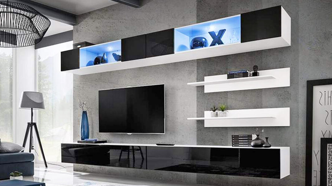 Гостиная 3 МДФ (черная) / Белый Фасадный 0101 320*40*180 см, Черный   Фиеста