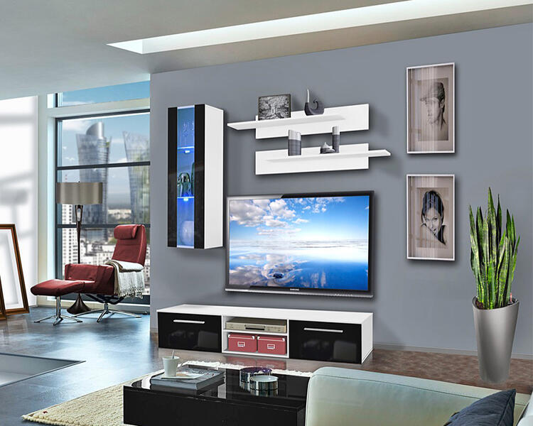 Гостиная 15 МДФ (черная) / Белый Фасадный 0101 180*45*170 см, Черный   Фиеста