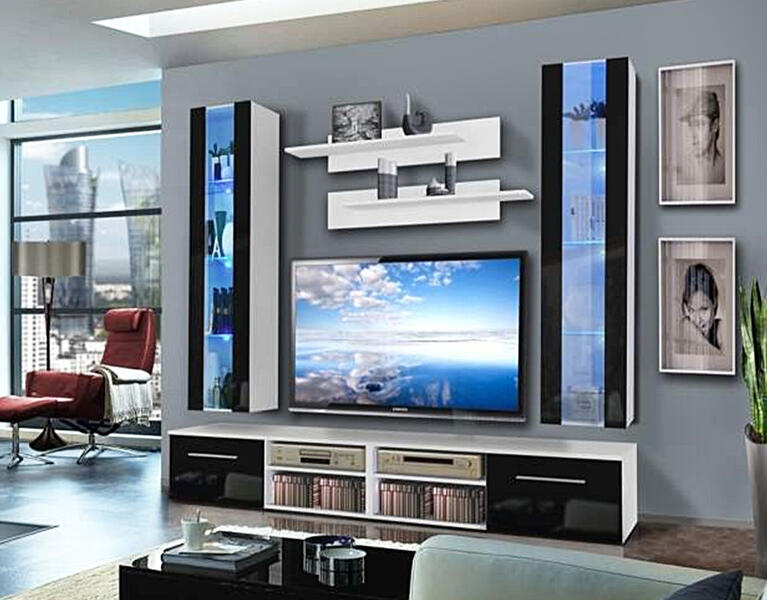 Гостиная 19 МДФ (черная) / Белый Фасадный 0101 240*45*220 см, Черный   Фиеста