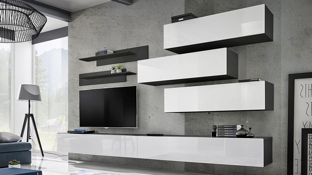 Гостиная 22 МДФ Белый DM635-6 (глянец) / Черный 0190 PE 320*40*180 см,    Фиеста