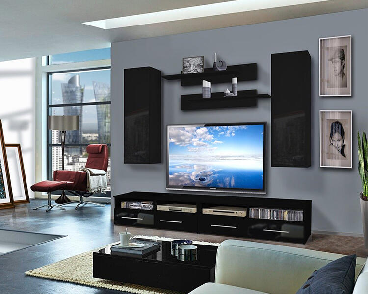 Гостиная 28 МДФ Черный DM089-6Т (глянец) / Черный 0190 PE 240*45*170 см, Черный   Фиеста