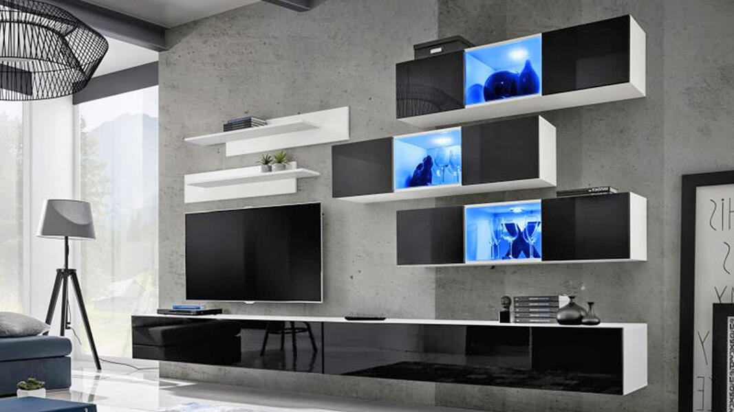 Гостиная 29 МДФ Черный DM089-6Т (глянец) / Белый Фасадный 0101 PE 320*40*180 см,    Фиеста