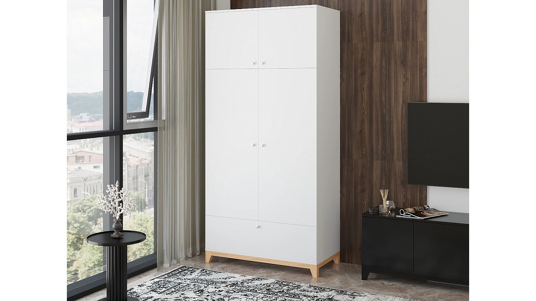 Распашной шкаф Хелен 30 Белый Фасадный 0101 PE / Бук Бавария 0381 PR 100*50*210 см,    Фиеста