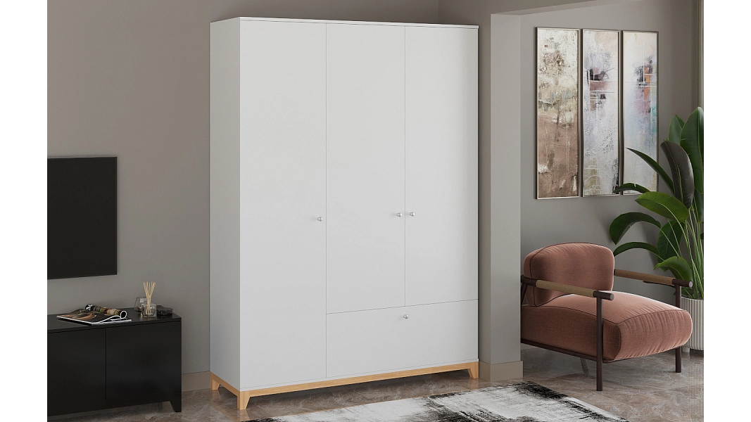 Распашной шкаф Хелен 43 Белый Фасадный 0101 PE / Бук Бавария 0381 PR 150*50*210 см,    Фиеста