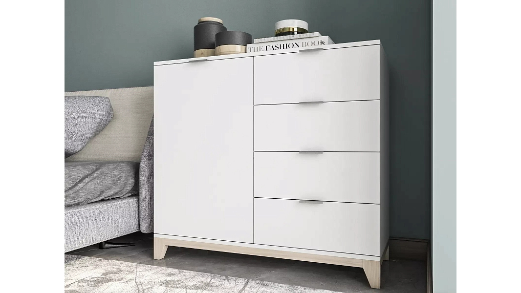 Комод Хелен 47 Белый Фасадный 0101 PE / Бук Бавария 0381 PR 100*45*90 см, Белый   Фиеста